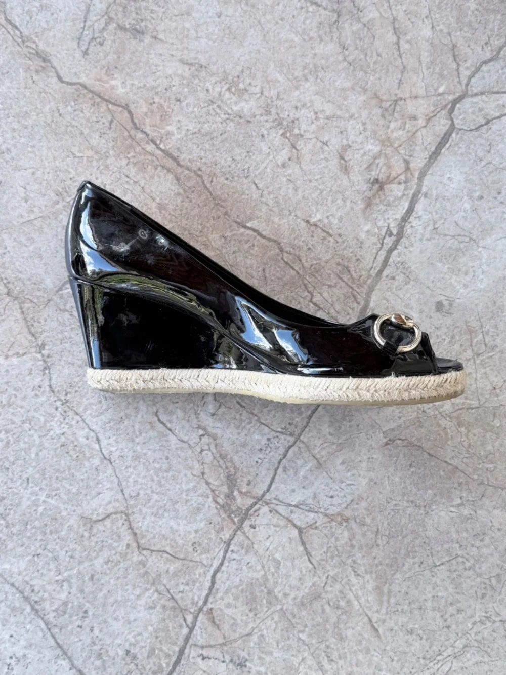 Gucci Black Patent Leather Horsebit Espadrille Peep Toe Wedge Pumps